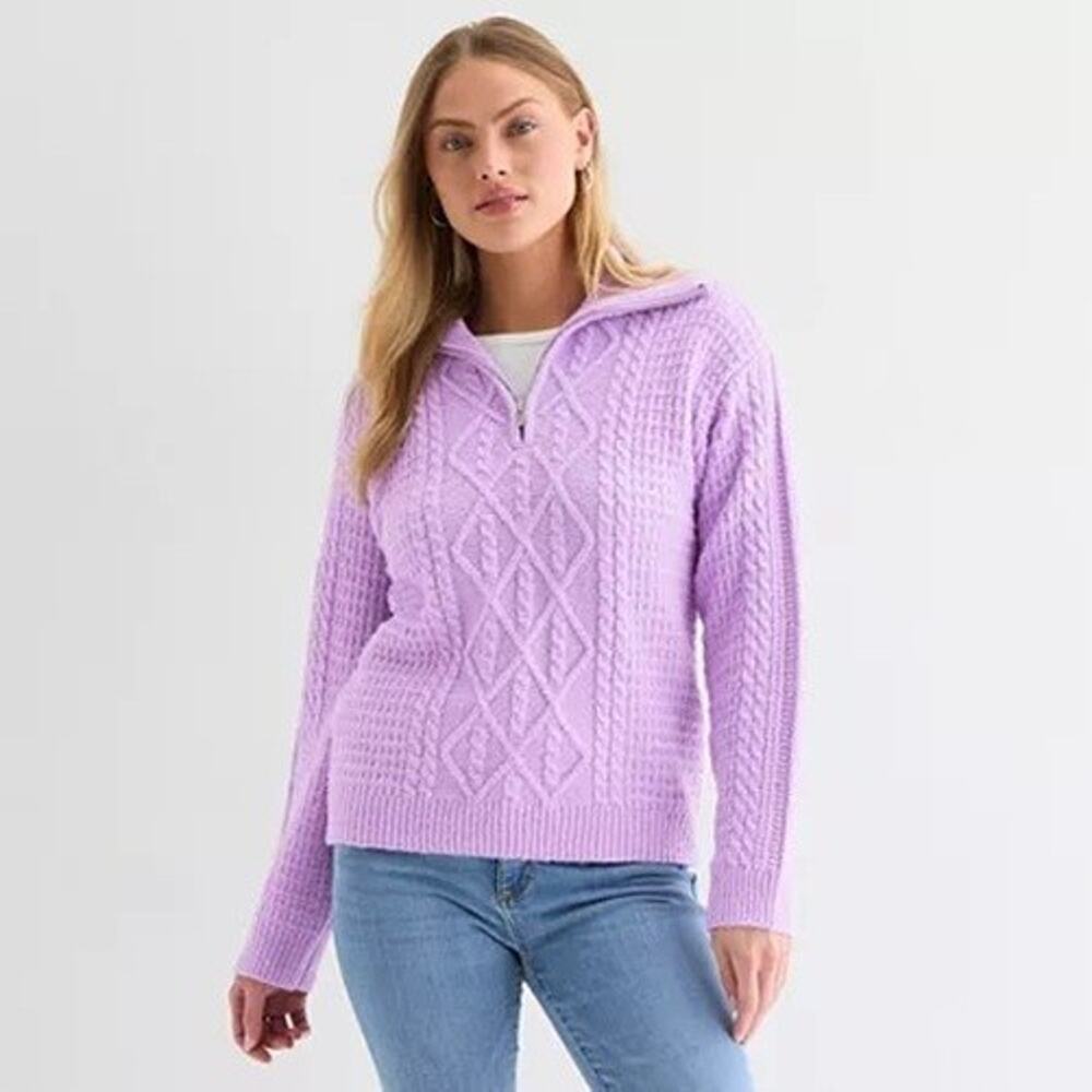St Johns Bay XXL Sweater Purple Lilac Quarter-Zip Pullover Soft Cozy Cable Knit